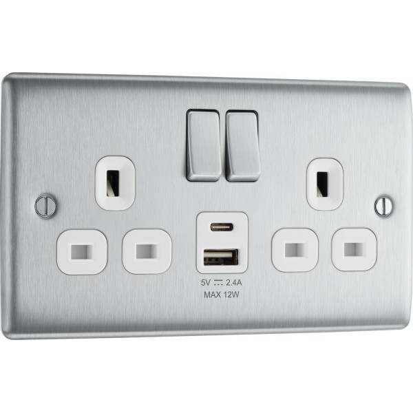 BG Electrical NBS22UAC12W Nexus Metal Brushed Steel 13A Double Switched Socket with USB A + C 12W White Inserts