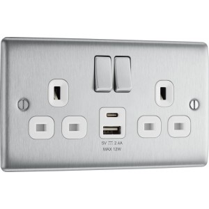 BG Electrical NBS22UAC12W Nexus Metal Brushed Steel 13A Double Switched Socket with USB A + C 12W White Inserts