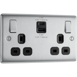 BG Electrical NBS22UAC22B Nexus Metal Brushed Steel 13A Double Switched Socket with USB A + C 22W Black Inserts