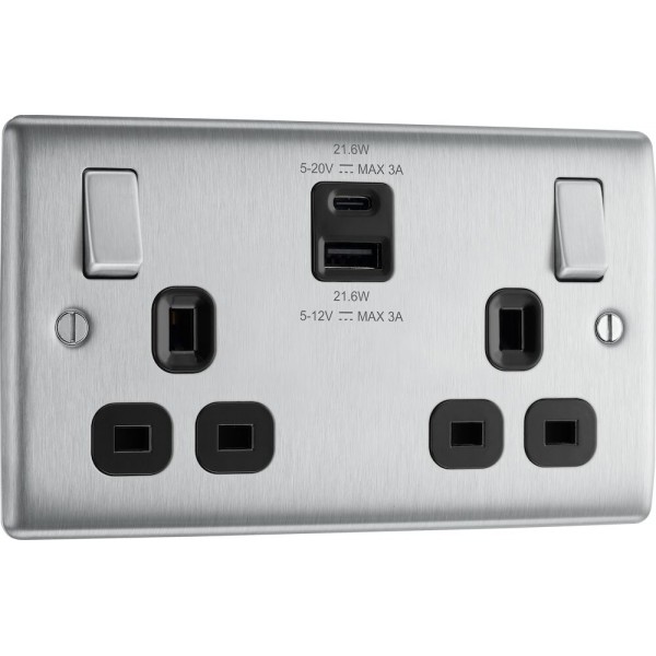 BG Electrical NBS22UAC22B Nexus Metal Brushed Steel 13A Double Switched Socket with USB A + C 22W Black Inserts
