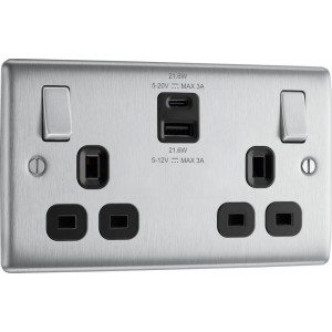 BG Electrical NBS22UAC22B Nexus Metal Brushed Steel 13A Double Switched Socket with USB A + C 22W Black Inserts