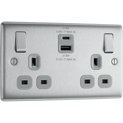 BG Electrical NBS22UAC22G Nexus Metal Brushed Steel 13A Double Switched Socket with USB A + C 22W Grey Inserts