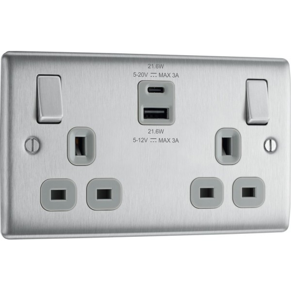 BG Electrical NBS22UAC22G Nexus Metal Brushed Steel 13A Double Switched Socket with USB A + C 22W Grey Inserts