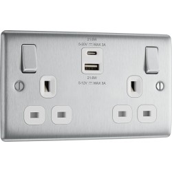 BG Electrical NBS22UAC22W Nexus Metal Brushed Steel 13A Double Switched Socket with USB A + C 22W White Inserts