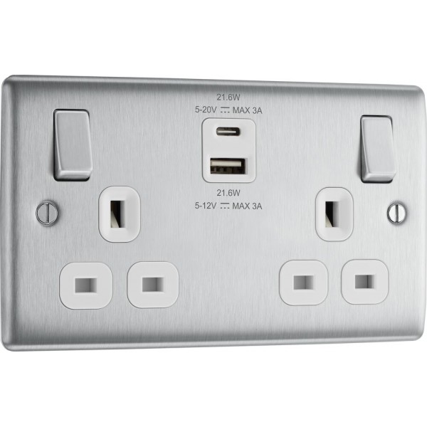 BG Electrical NBS22UAC22W Nexus Metal Brushed Steel 13A Double Switched Socket with USB A + C 22W White Inserts