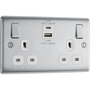 BG Electrical NBS22UAC22W Nexus Metal Brushed Steel 13A Double Switched Socket with USB A + C 22W White Inserts