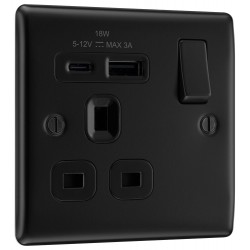 BG Electrical NFB21UAC18B Nexus Metal Brushed Steel Matt Black 13A Single Switched Socket with USB A + C 18W