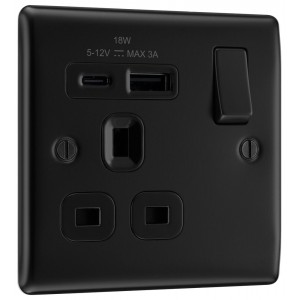 BG Electrical NFB21UAC18B Nexus Metal Brushed Steel Matt Black 13A Single Switched Socket with USB A + C 18W