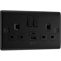 BG Electrical NFB22UAC12B Nexus Metal Matt Black 13A Double Switched Socket with USB A + C 12W Black Inserts
