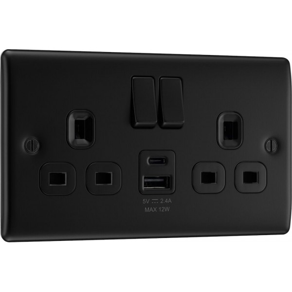 BG Electrical NFB22UAC12B Nexus Metal Matt Black 13A Double Switched Socket with USB A + C 12W Black Inserts