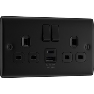 BG Electrical NFB22UAC12B Nexus Metal Matt Black 13A Double Switched Socket with USB A + C 12W Black Inserts