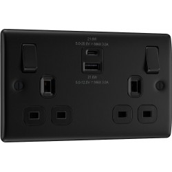 BG Electrical NFB22UAC22B Nexus Metal Matt Black 13A Double Switched Socket with USB A + C 22W Black Inserts