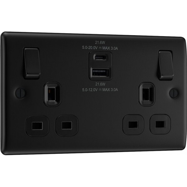 BG Electrical NFB22UAC22B Nexus Metal Matt Black 13A Double Switched Socket with USB A + C 22W Black Inserts