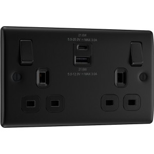 BG Electrical NFB22UAC22B Nexus Metal Matt Black 13A Double Switched Socket with USB A + C 22W Black Inserts