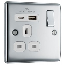 BG Electrical NPC21UAC18W Nexus Metal Polished Chrome (White Inserts) 13A Single Switched Socket with USB A + C 18W