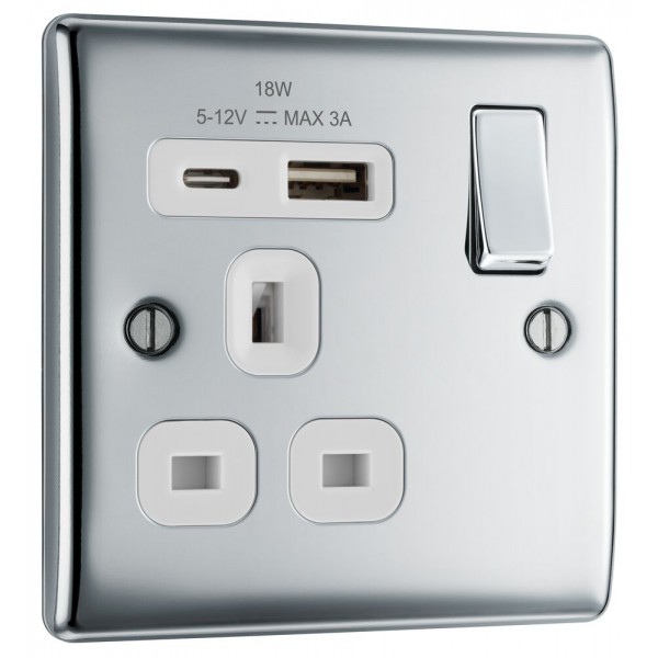 BG Electrical NPC21UAC18W Nexus Metal Polished Chrome (White Inserts) 13A Single Switched Socket with USB A + C 18W