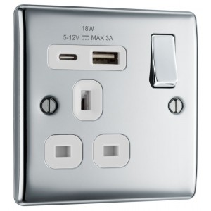 BG Electrical NPC21UAC18W Nexus Metal Polished Chrome (White Inserts) 13A Single Switched Socket with USB A + C 18W