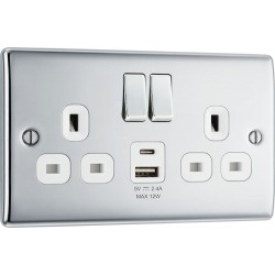 BG Electrical NPC22UAC12W Nexus Metal Polished Chrome 13A Double Switched Socket with USB A + C 12W White Inserts