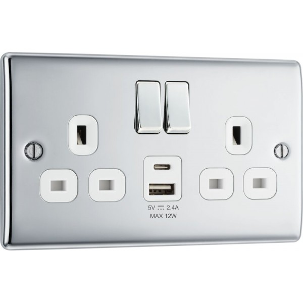 BG Electrical NPC22UAC12W Nexus Metal Polished Chrome 13A Double Switched Socket with USB A + C 12W White Inserts