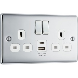 BG Electrical NPC22UAC12W Nexus Metal Polished Chrome 13A Double Switched Socket with USB A + C 12W White Inserts