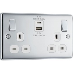 BG Electrical NPC22UAC22W Nexus Metal Polished Chrome 13A Double Switched Socket with USB A + C 22W White Inserts