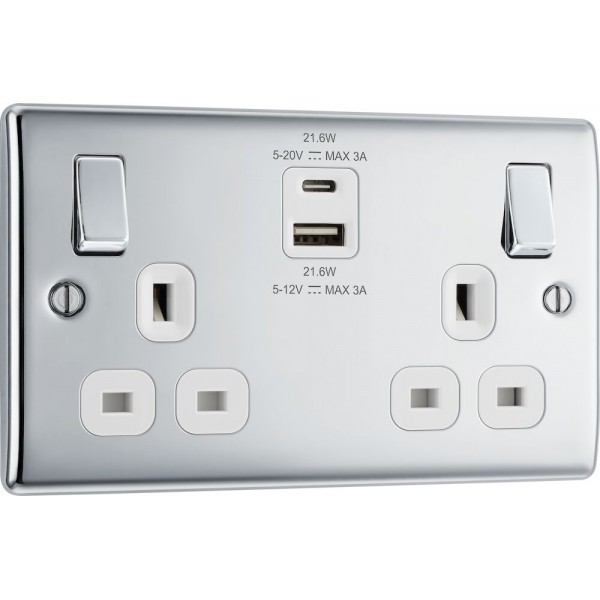 BG Electrical NPC22UAC22W Nexus Metal Polished Chrome 13A Double Switched Socket with USB A + C 22W White Inserts