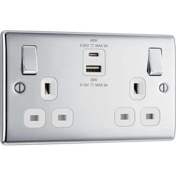 BG Electrical NPC22UAC45W Nexus Metal Polished Chrome 13A Double Switched Socket with USB A + C 45W White Inserts